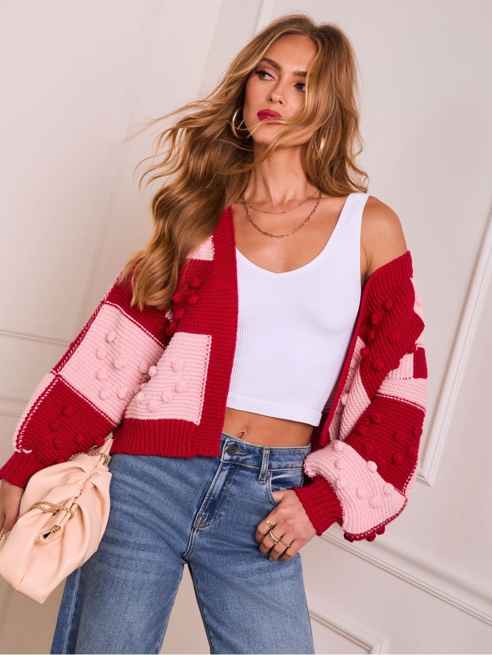 Vici Red & Pink Chunky Colorblock Bobble Cardigan